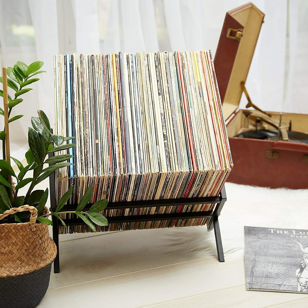 Metal Vinyl Record Stand Holds 80-100 LPs Black Storage Organizer&Display Rack