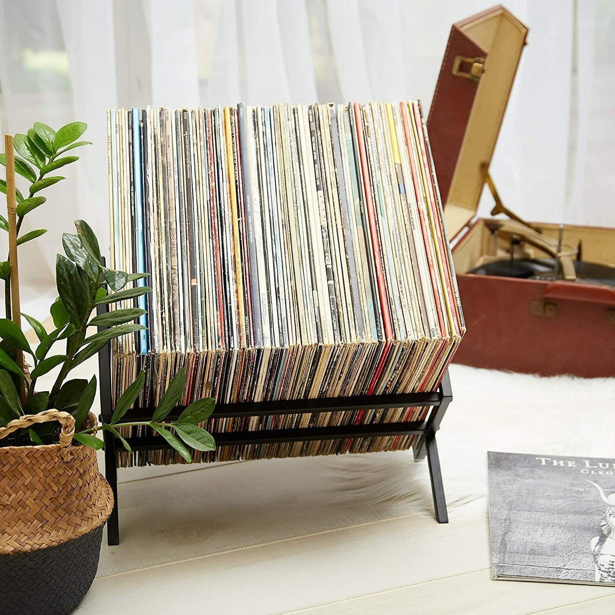 Metal Vinyl Record Stand Holds 80-100 LPs Black Storage Organizer&Display Rack