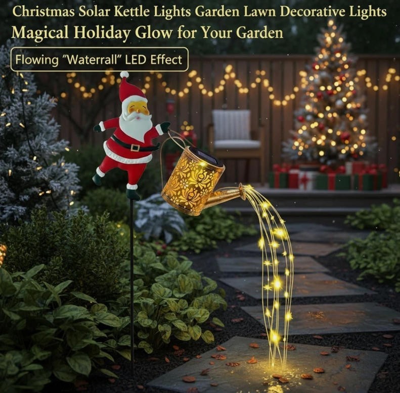 Waterproof Solar Watering Can Lights Outdoor Metal Garden  Decor Christmas Santa