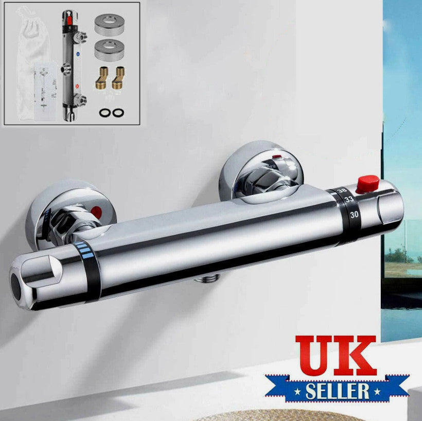 1/2" Outlet Modern Thermostatic Exposed Bar Shower Mixer Valve Tap Chrome Bottom