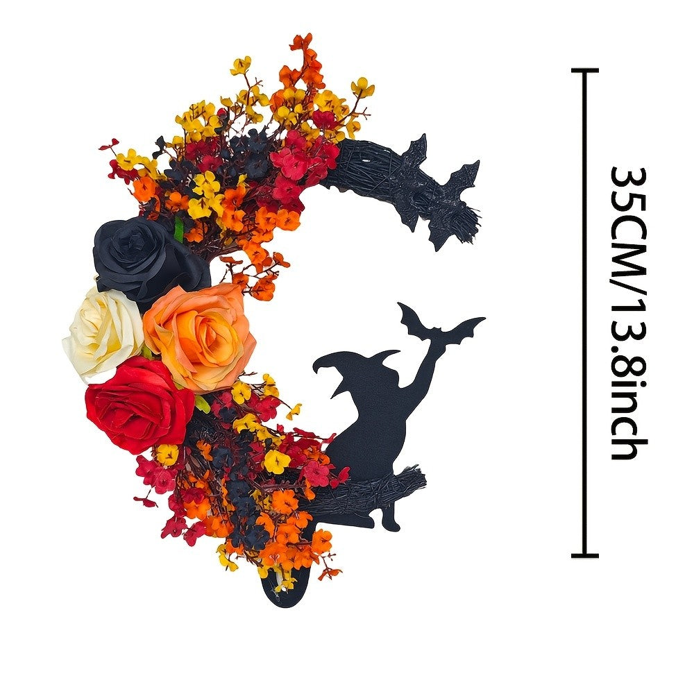 35cm Gothic Halloween Wreath - Witch Cat Moon Silhouette and Autumn Leaf Rose