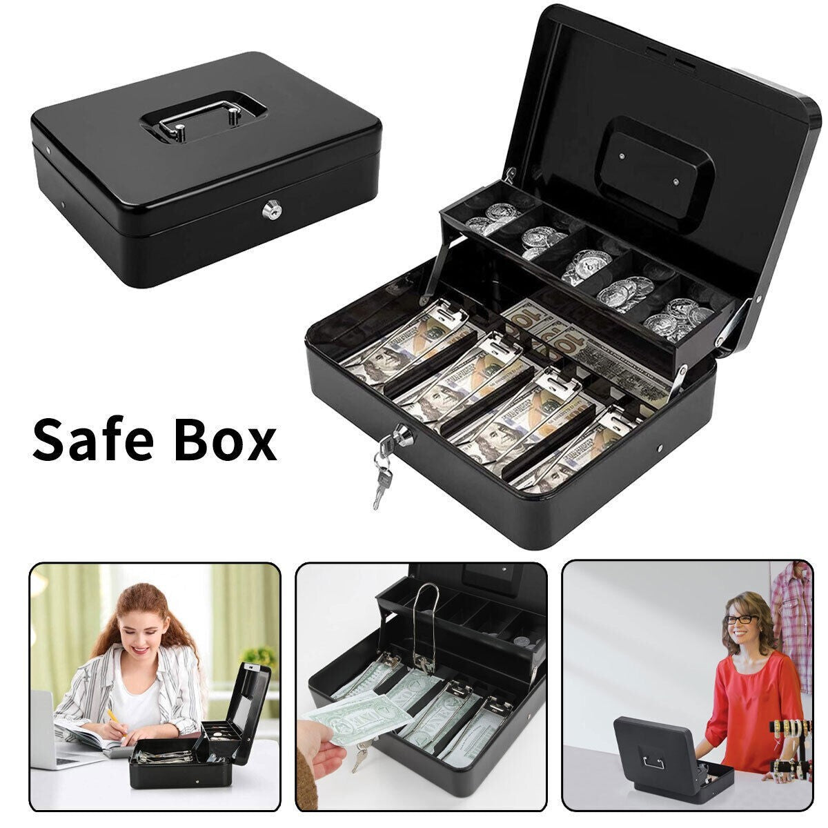 Money Float Tin Keys Lockable Safe Metal Petty Cash Box Coin Tray