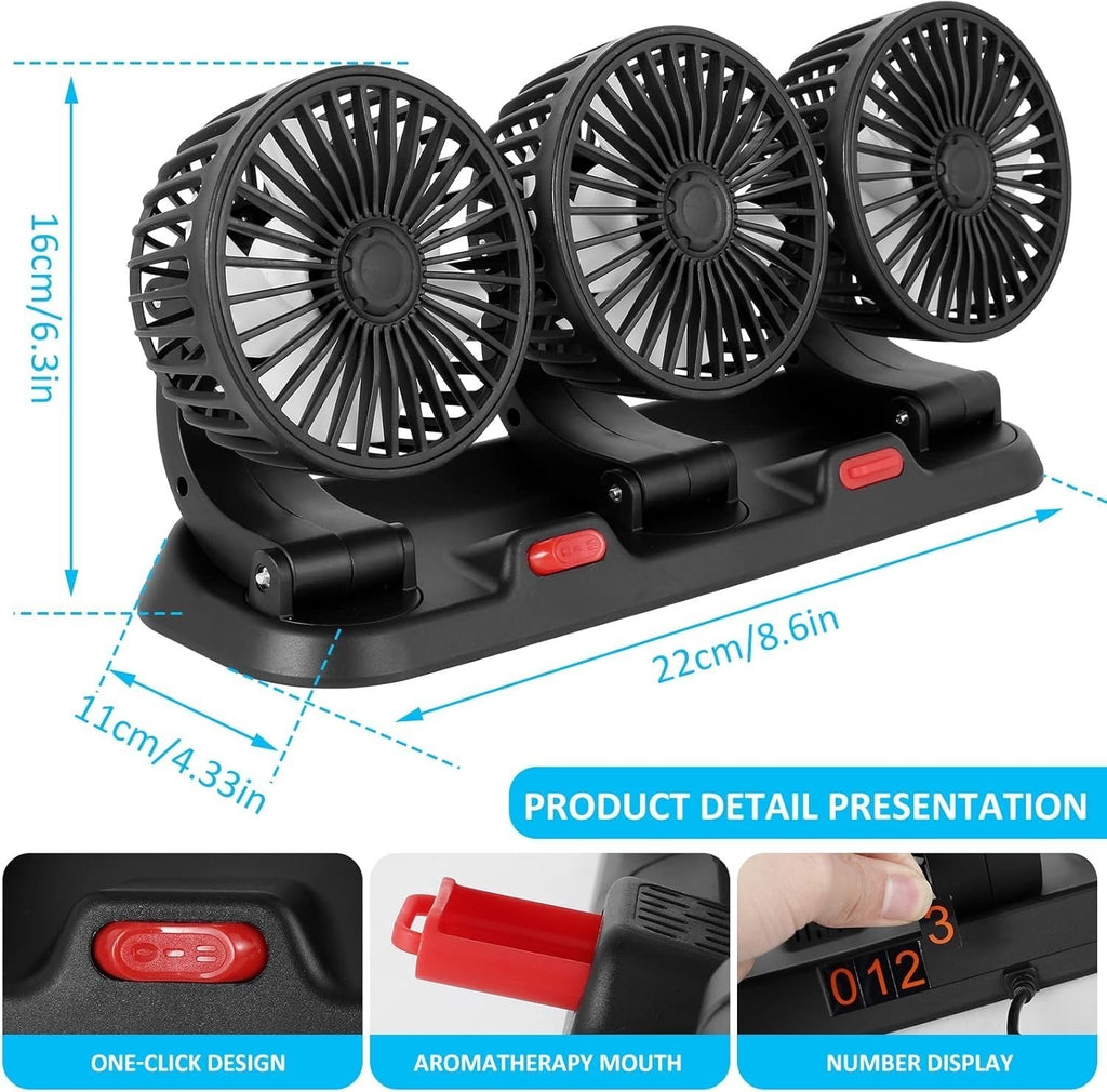3 Head Car Fan 360° Rotate 2 Speed USB/12V/24V Quiet Cooling Fan for SUV RV