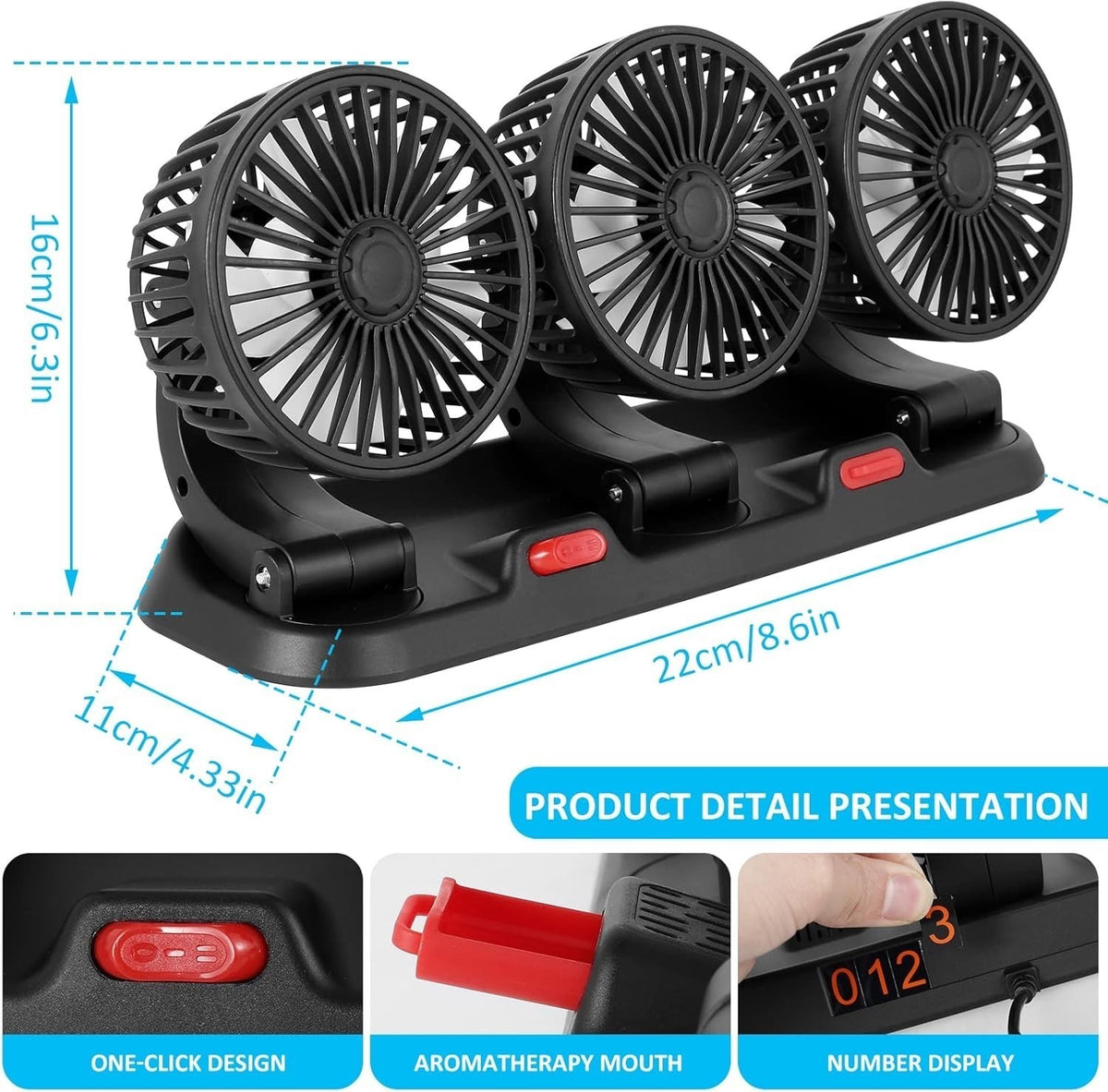 3 Head Car Fan 360° Rotate 2 Speed USB/12V/24V Quiet Cooling Fan for SUV RV