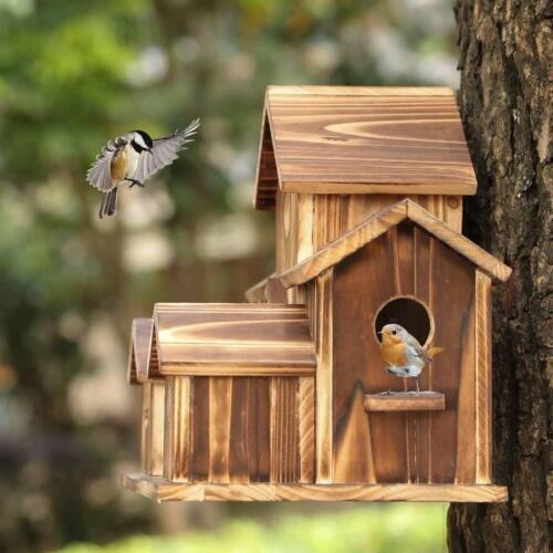 Hanging Wooden Bird House Feeder – Garden Feeding Station & Wood Shelter