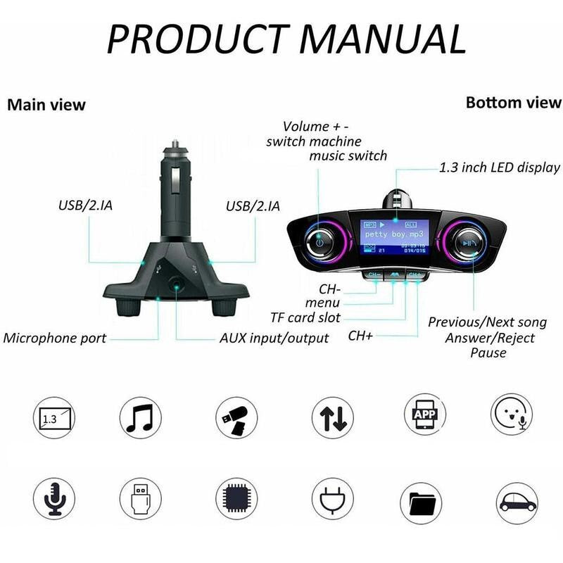 Car Wireless Bluetooth MP3 FM Transmitter AUX Audio Stereo Adapter 2 USB Charger
