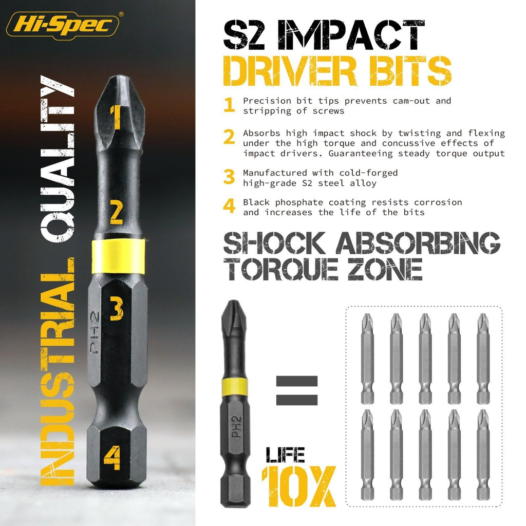 Impact Drill Screw Driver Nut Bit Magnetic Set 1/4” Hex Shank Hi-Spec 44 Piece