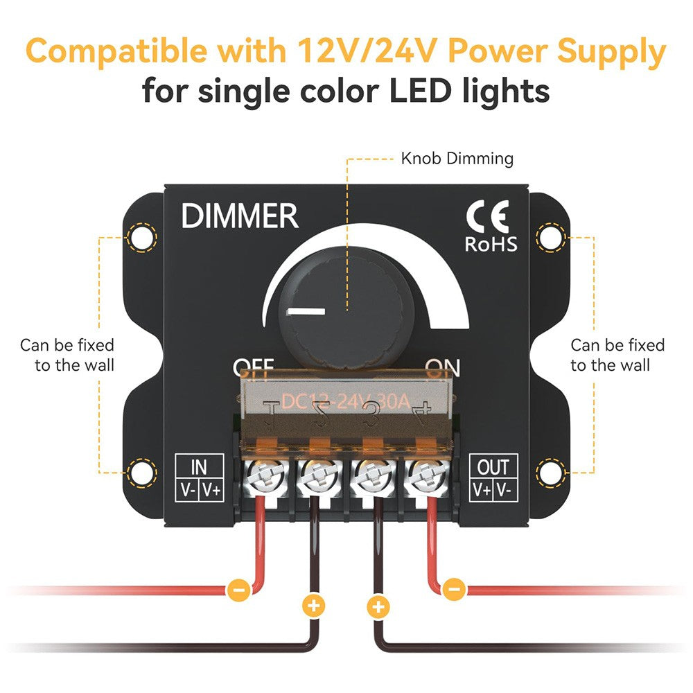 DC 12V-24V 30A PWM Dimming Controller with Knob LED Light Strip Switch Dimmer