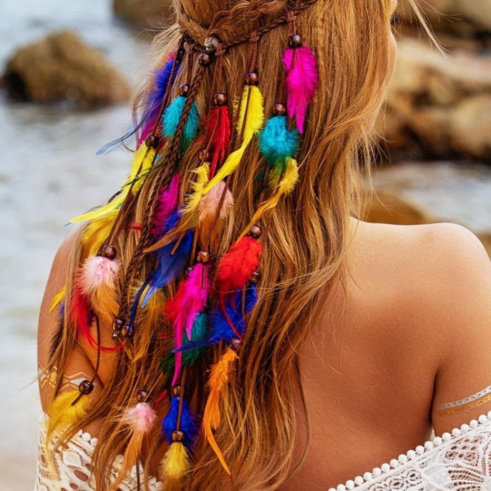 Boho Feather Headband Rainbow Indian Headbands Hippie Feather Headdress
