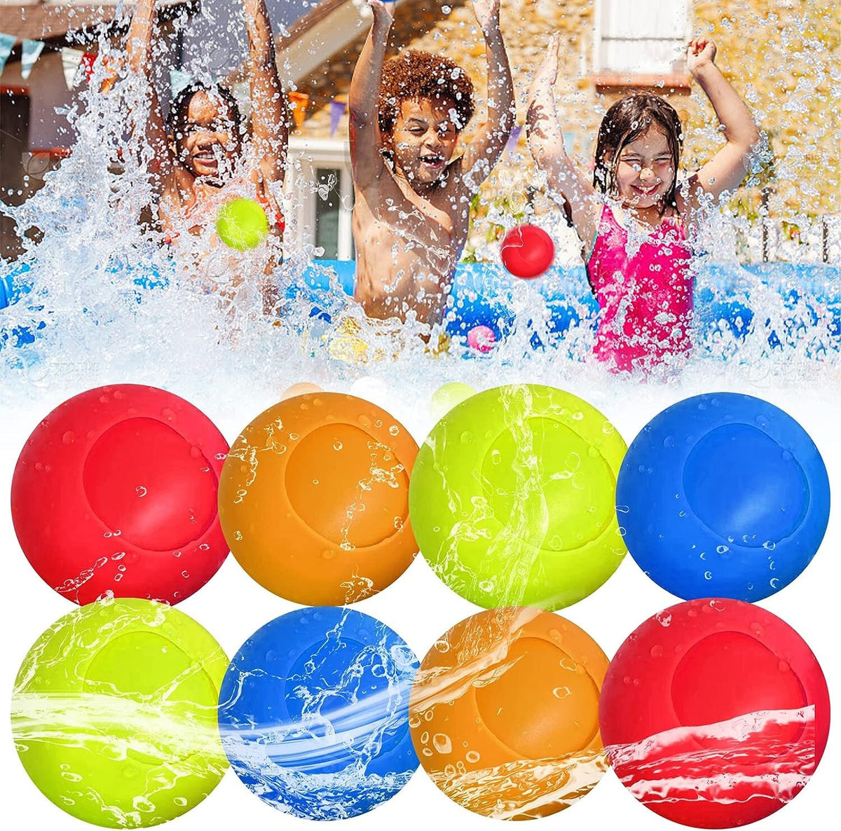 Pack of 8 Reusable Water Balloons, Water Bomb Balls Set, Quick Fill Water Bombs
