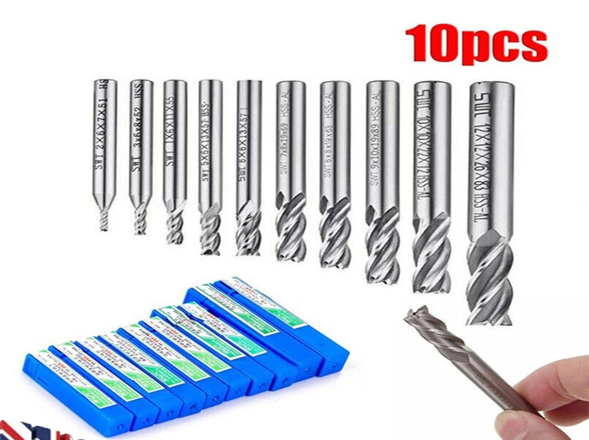 10X 4 Slot Flute End Mill Cutter Drill Bit HSS Straight Shank CNC Milling Tool