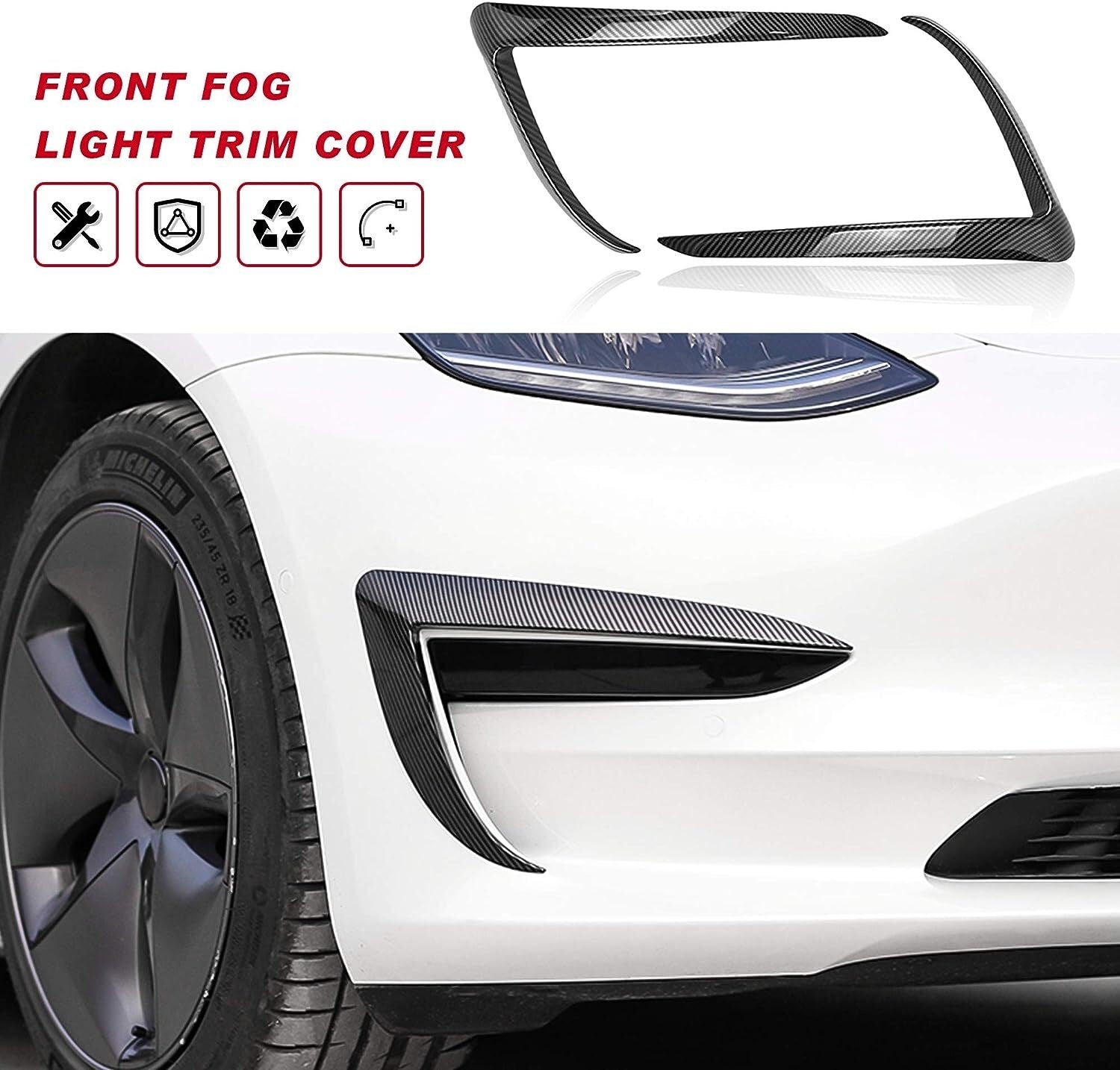 Tesla Model 3 Front Fog Light Trim Cover Fog Lamp Frame Blade Eyebrow Spoiler