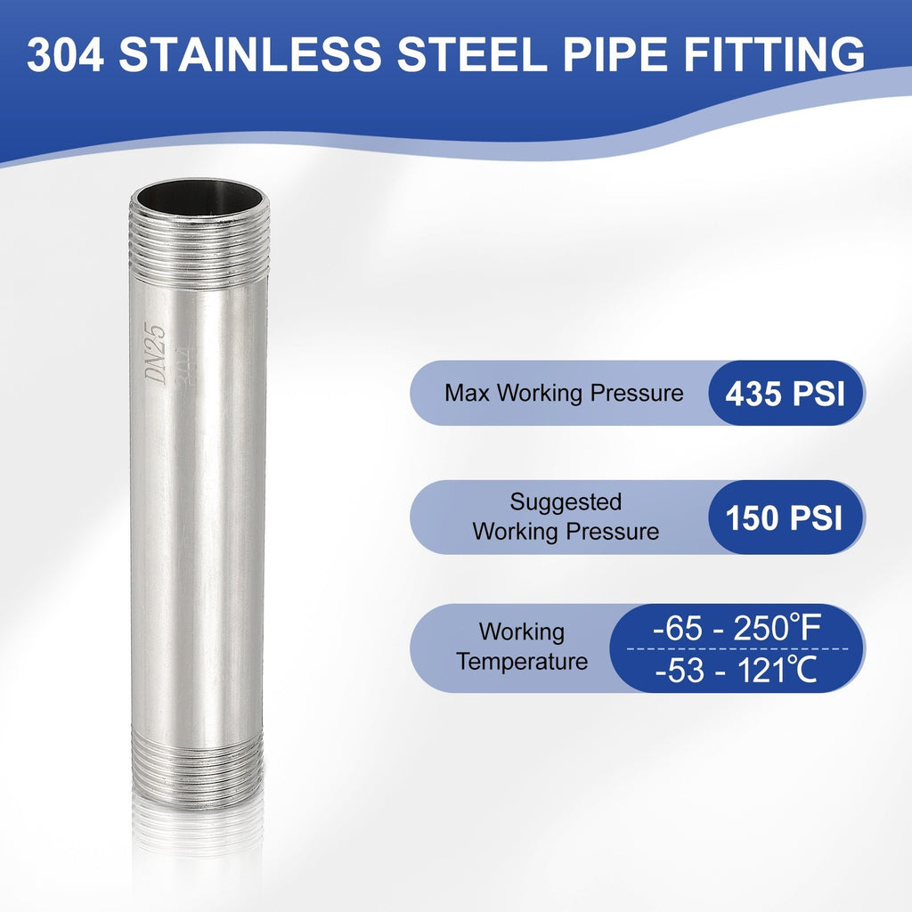 2pcs Stainless Steel Pipe Fitting 1" BSP Male x 1" BSP Male Threaded 6" Long