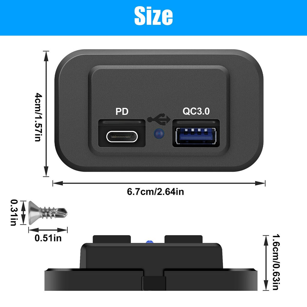 Car DC 12V-24V PD Type C USB Port Fast Charger Socket Power Outlet Panel Charger