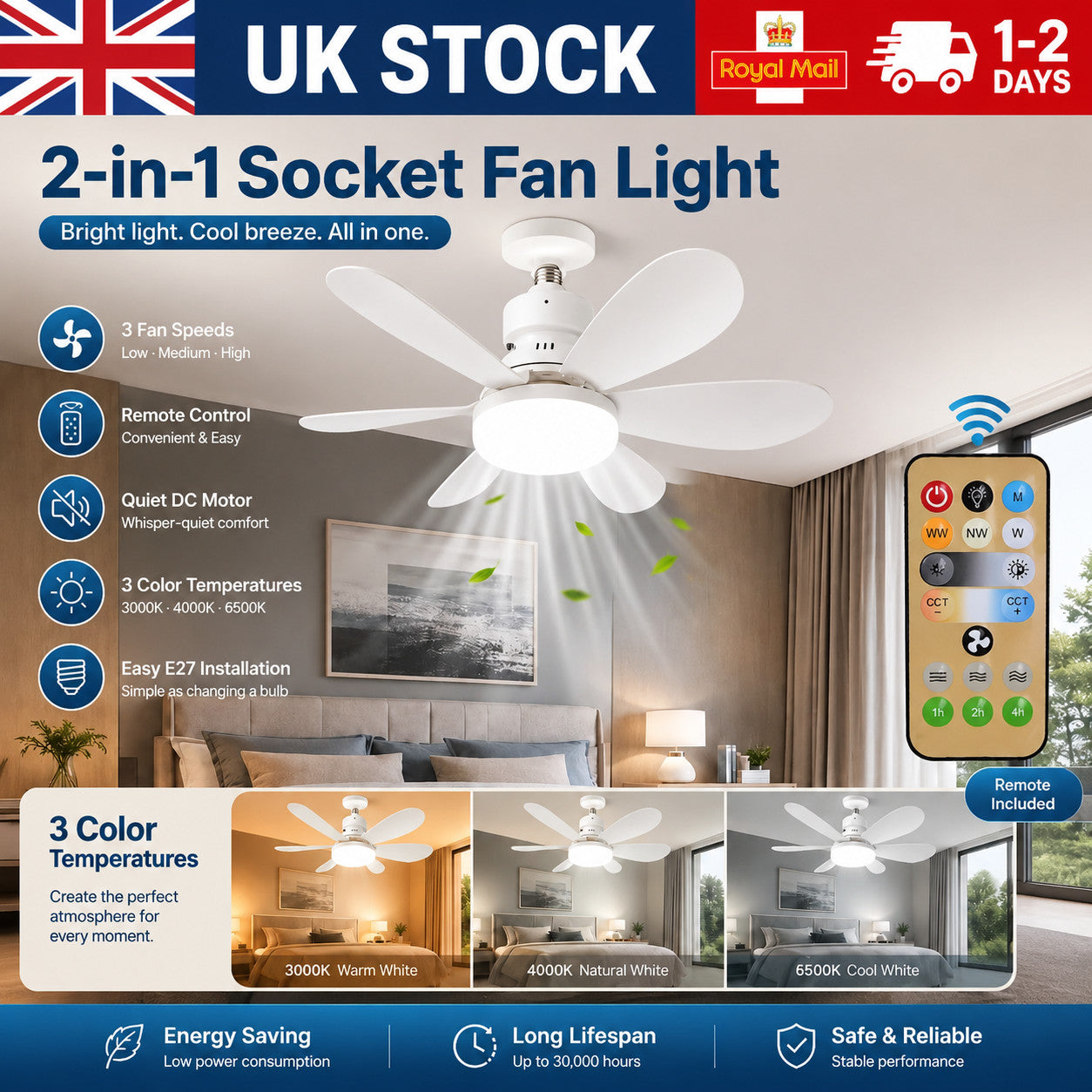Modern Led Ceiling Fan with Light Dimmable E27 Bedroom Living Room Fan Lamp