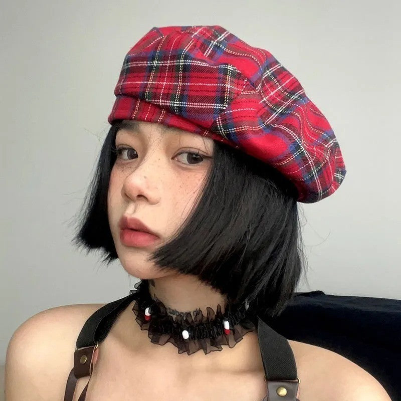 Women Striped Jacquard Beret Classic Casual Plaid Vintage Flat Top Painter Cap
