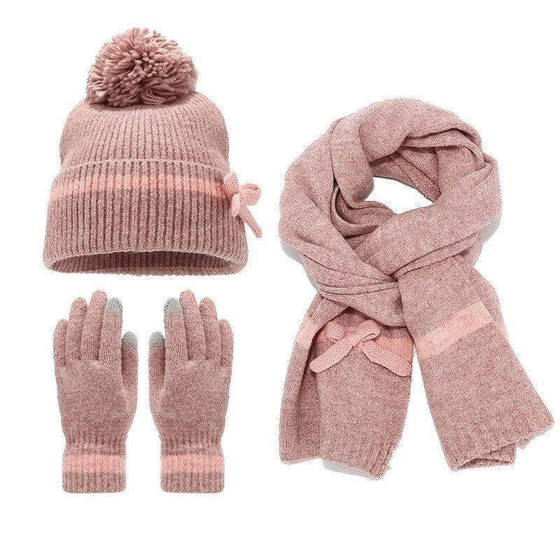 Womens Ladies Thick Knit Hat Scarf AND Touchscreen gloves Set Knitted Winter UK