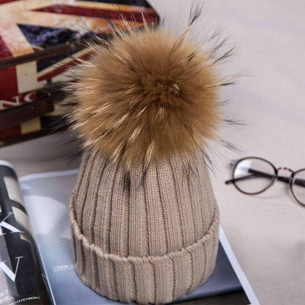 Womens Warm Winter Hat Genuine Fur Pom Pom 15cm Ball Knit Beanie Ski Caps