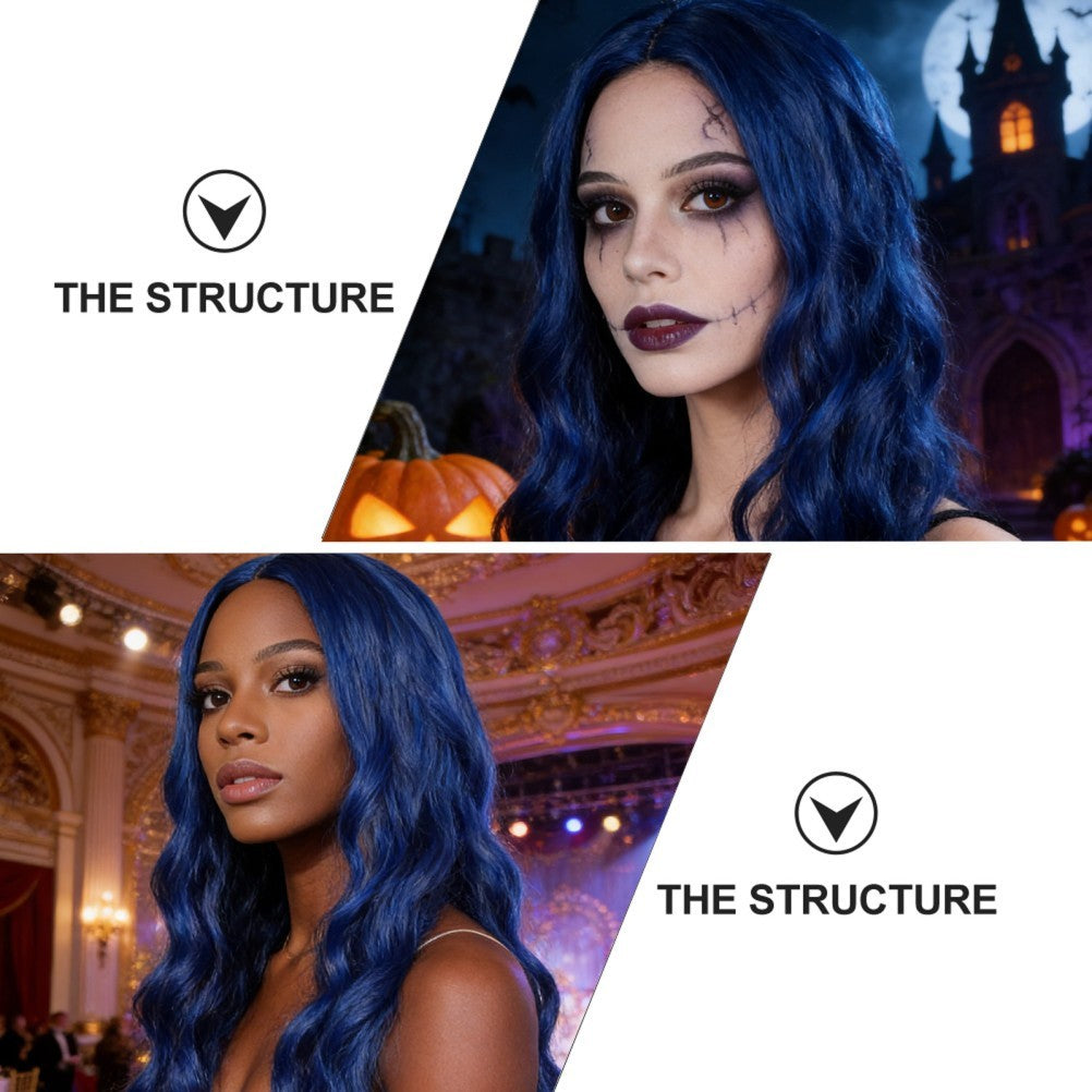 Long Wavy Wigs Halloween Blue Hairpiece Beautiful Women's Periwig Natural Wig