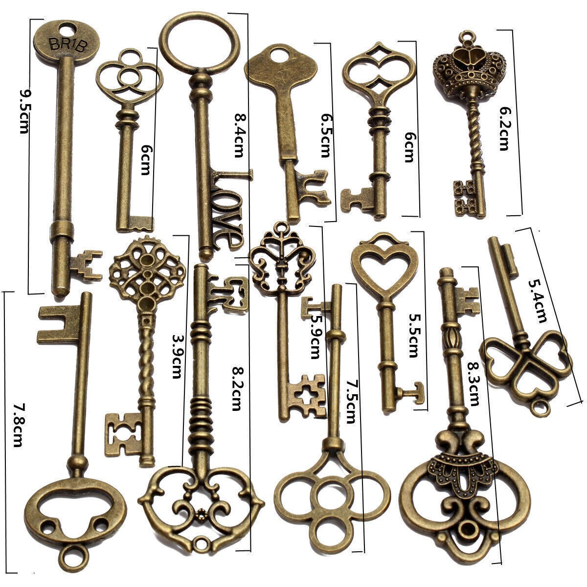 18x BIG Large Antique Vintage old Brass Skeleton Keys Lot Cabinet Barrel Lock