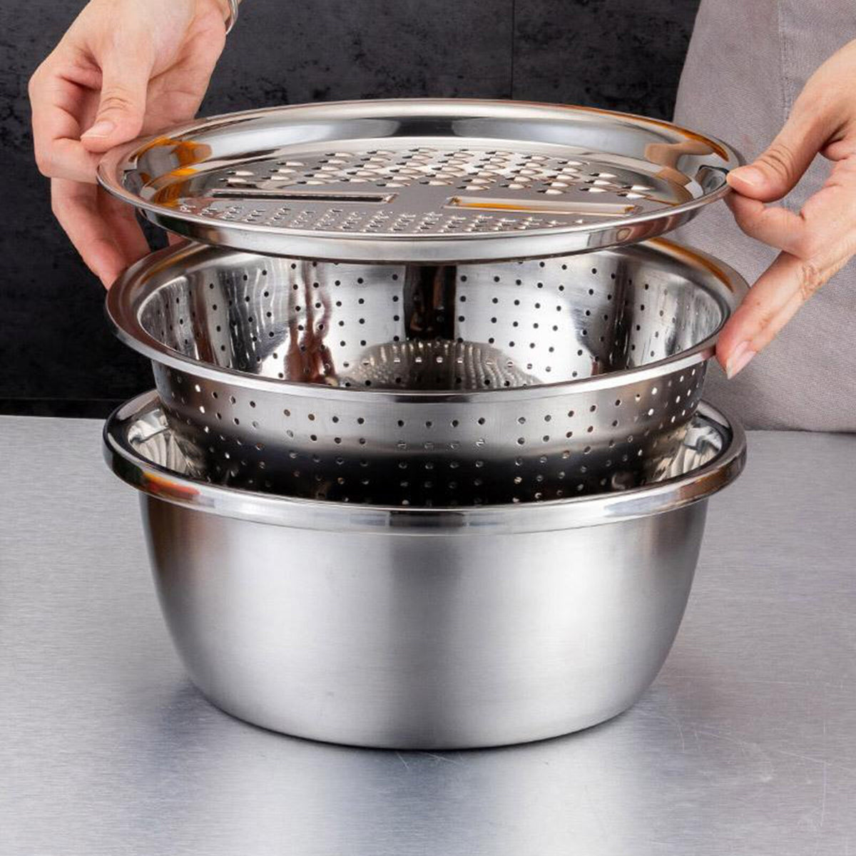 3IN1 Kitchen Basin Chopping Grater Cutter Strainer Bowl Set 28cm Stainless Steel