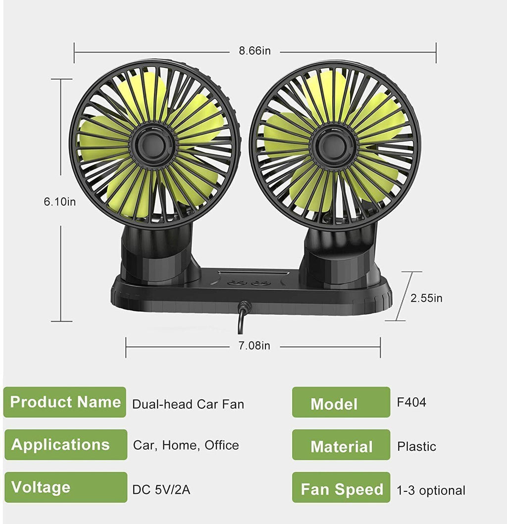 Portable 2 Head Fan 360° Rotatable Car Cooling Air Fan 5V Dual Head Fan USB