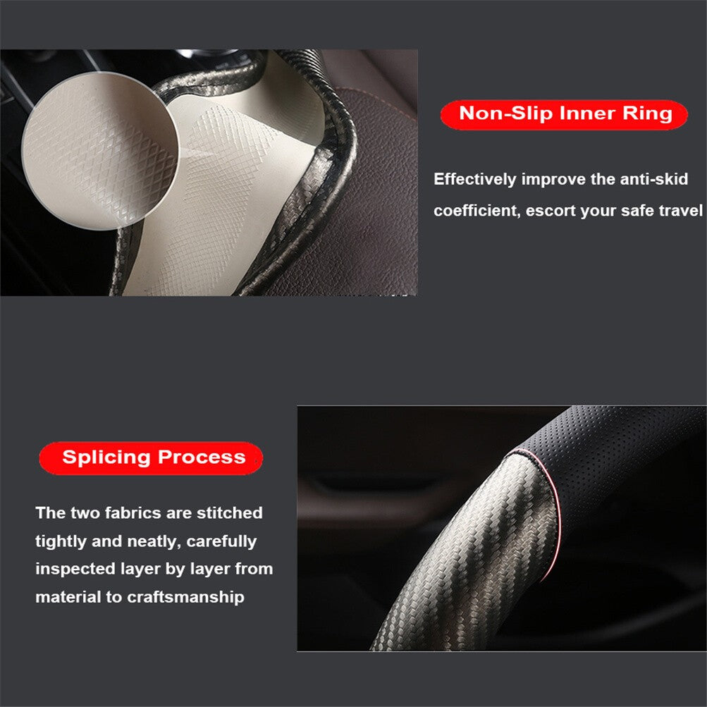 Car Steering Wheel Cover Carbon Fiber   Leather Non Slip 38cm 15'' Universal