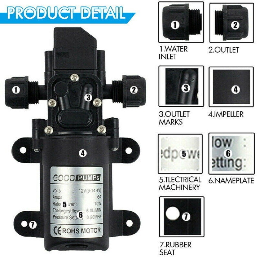 72W 12V Water Pump High Pressure Diaphragm Self Priming 130PSI 6L/Min RV Caravan