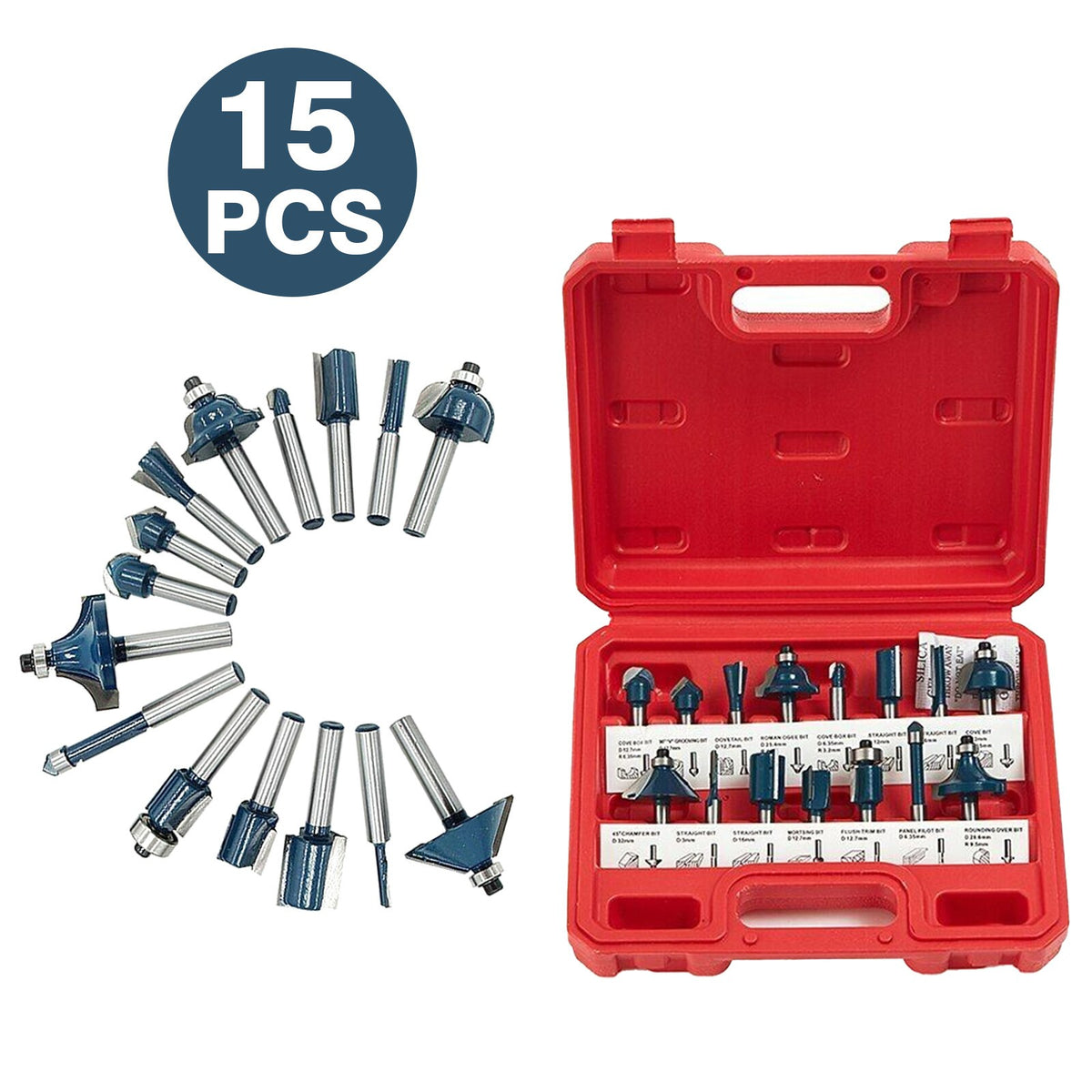 15Pcs Carbide Tipped  Router Bits 1/4" Shank Sealed Bearing Bit Set
