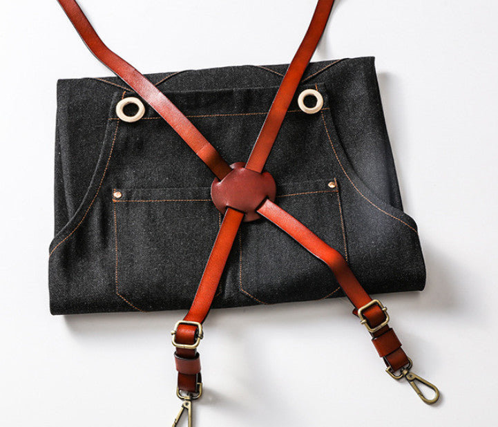 New Denim Leather Strap Bib Apron Barista Bartender BBQ Chef Cook Waiter Uniform