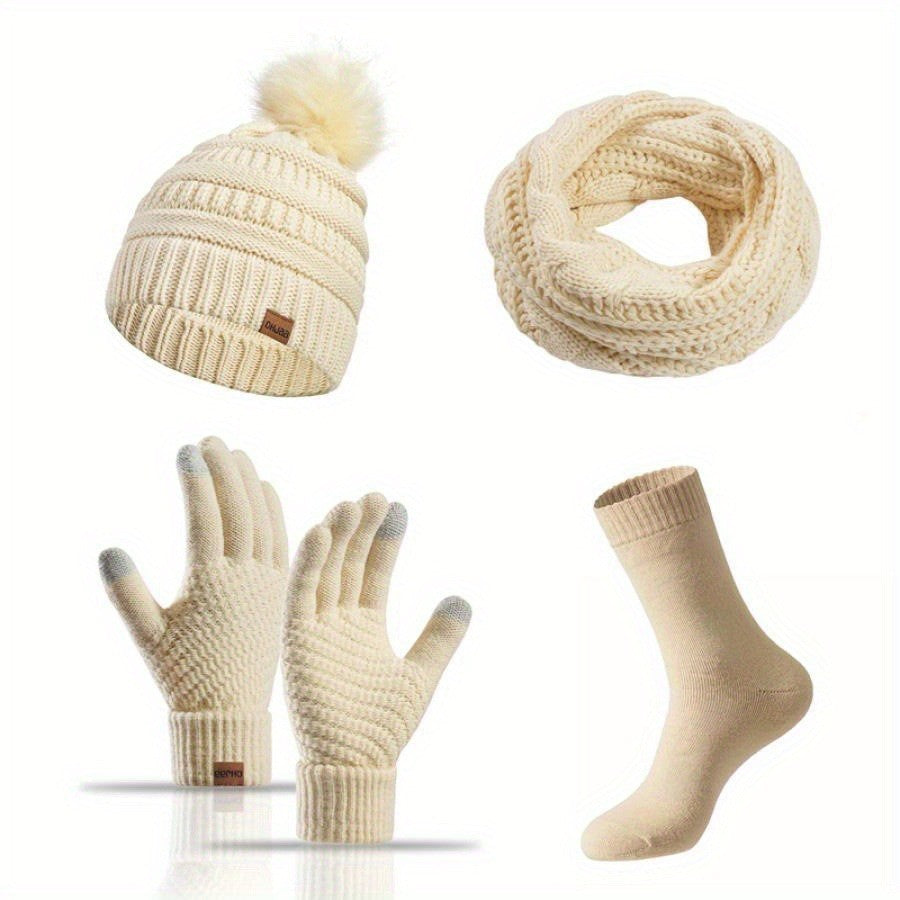Hat Scarf and Gloves Set Ladies, Winter Beanie Hat for Women with Pom Pom Fleece