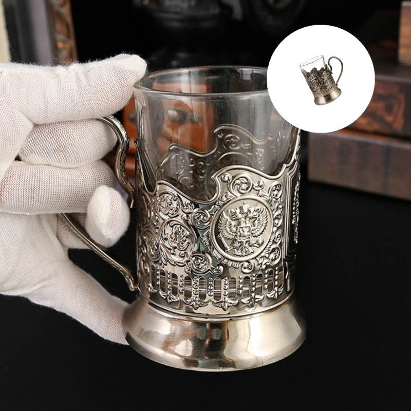 Russian Podstakannik Set Crystal Hot Tea Glasses with Glass Holders Drinkware