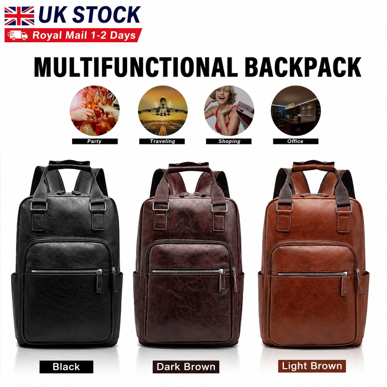 Men's Women's Backpack Laptop PU Leather Business Work Daypack UK Seller