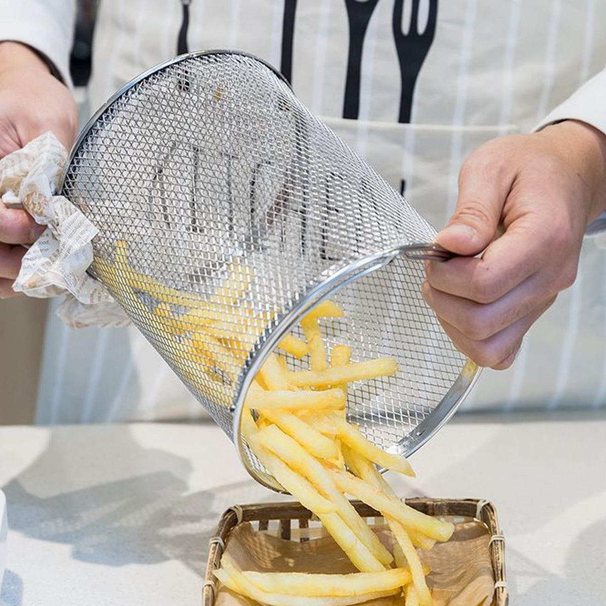 Stainless Steel Fry Basket Kitchen Pasta Strainer Round Mesh Vegetable Fruit