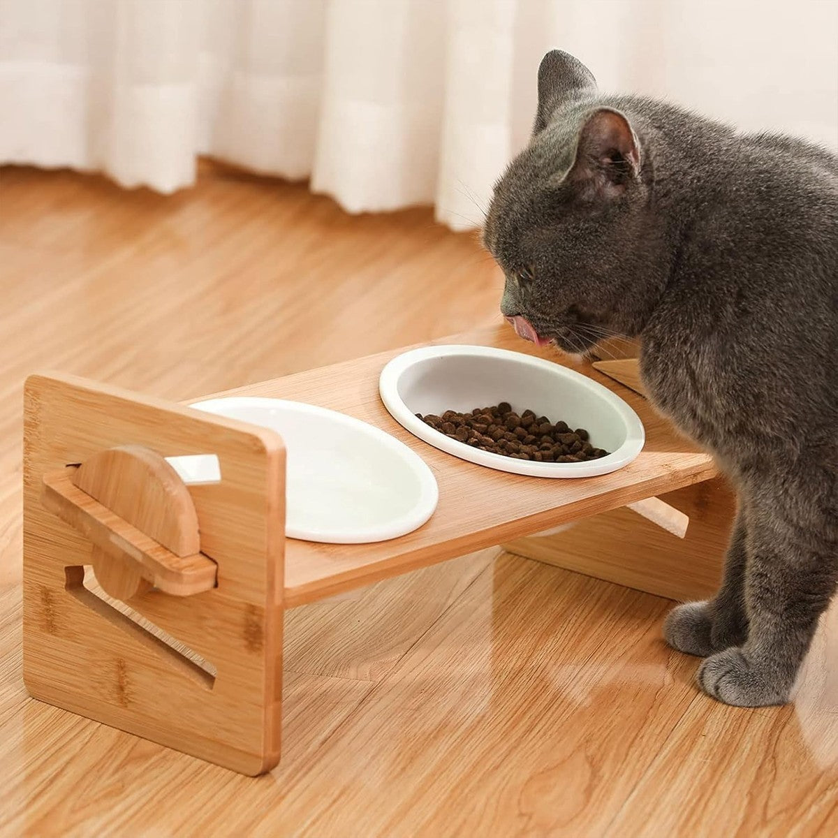 Elevated Double Bowl Pet Feeder, Adjustable Raised Stand Food Bowl for Dog Cat