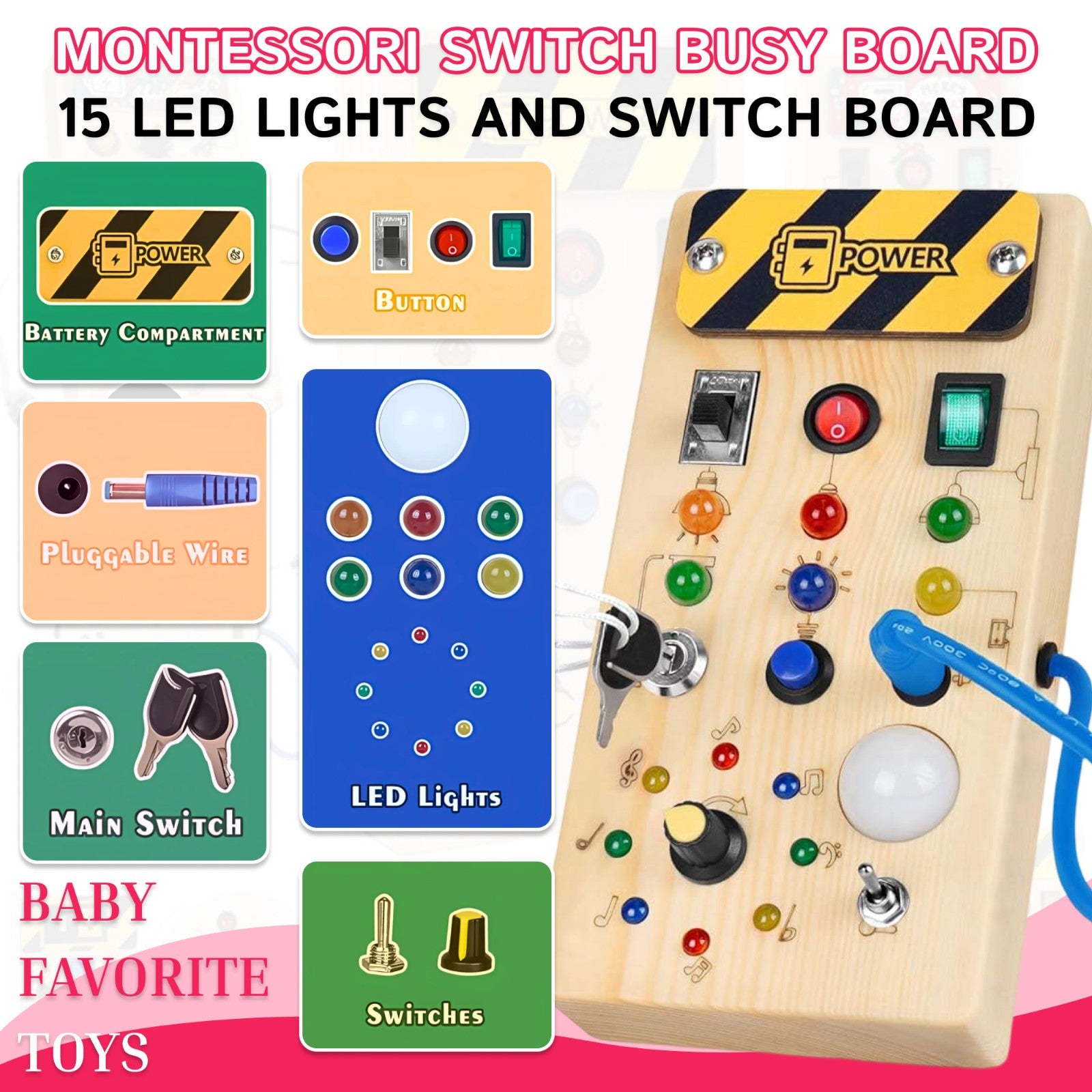 Montessori Busy Board Sensory Travel Activity Toys Wooden With LED Light Switch