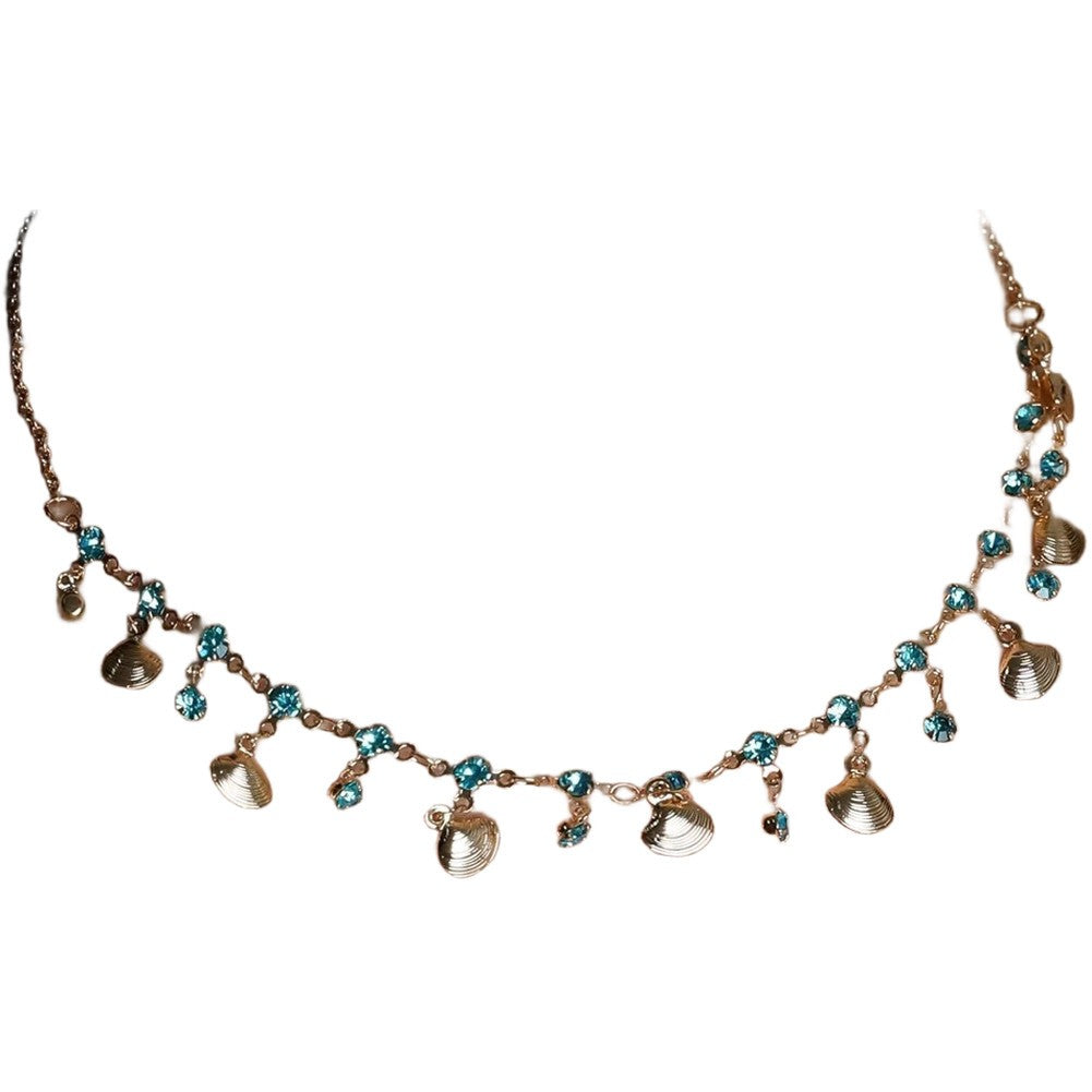 Sea Blue Zircon Necklace with Layered Tassel and Shell for Boho Fashion