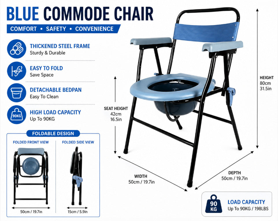 Folding Steel Commode Chair Portable Toilet with Safety Lock and 4 Litre Pail