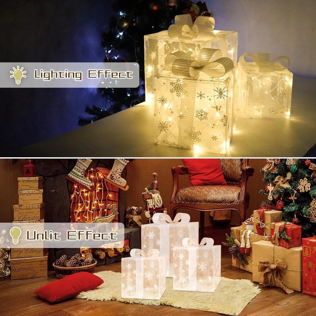 3 Pack Illuminated LED Light Up Gift Boxes Christmas Decorations Presents Ribbon