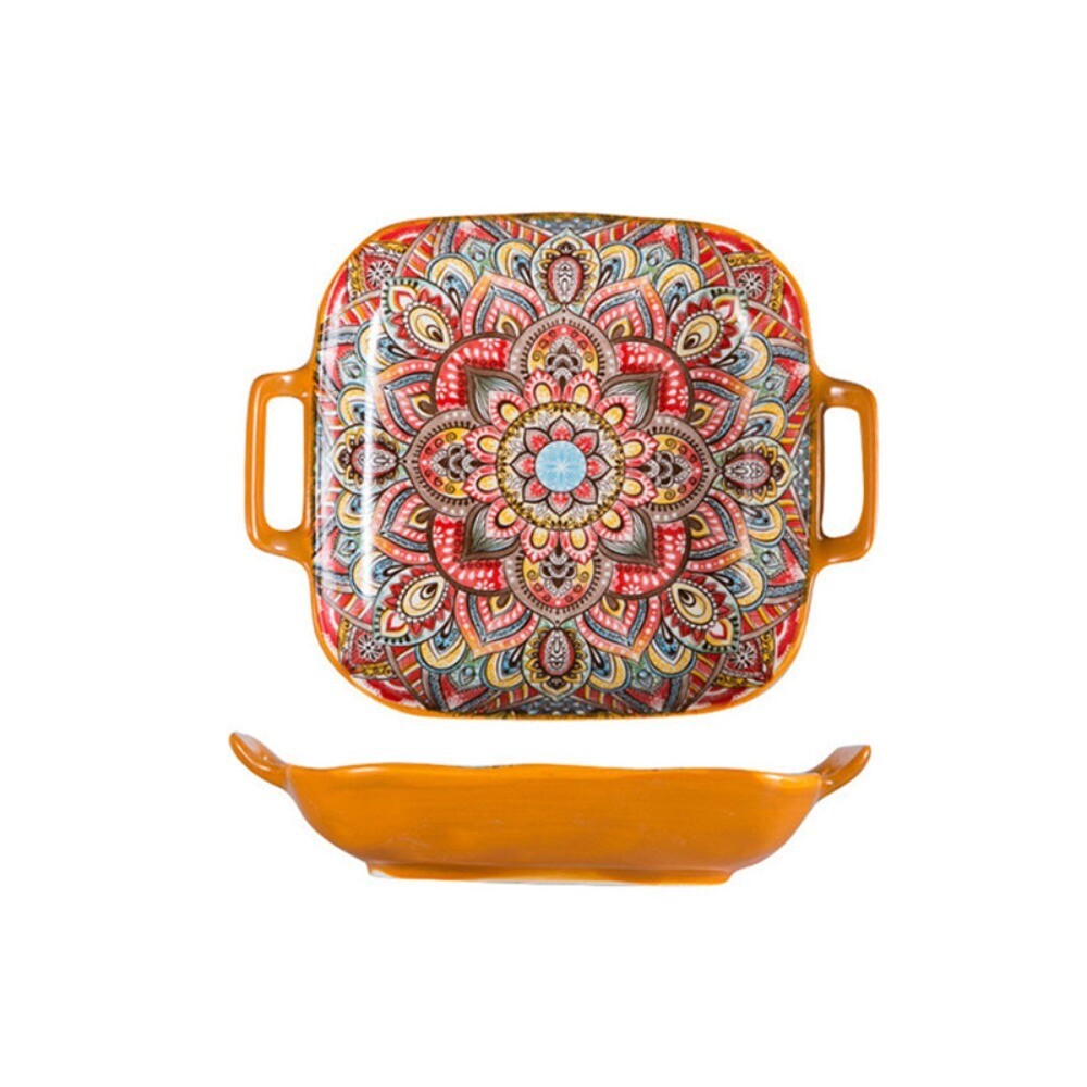 Square Bohemian Ceramic Plate Colorful Salad Dish Dinner Plate Microwave