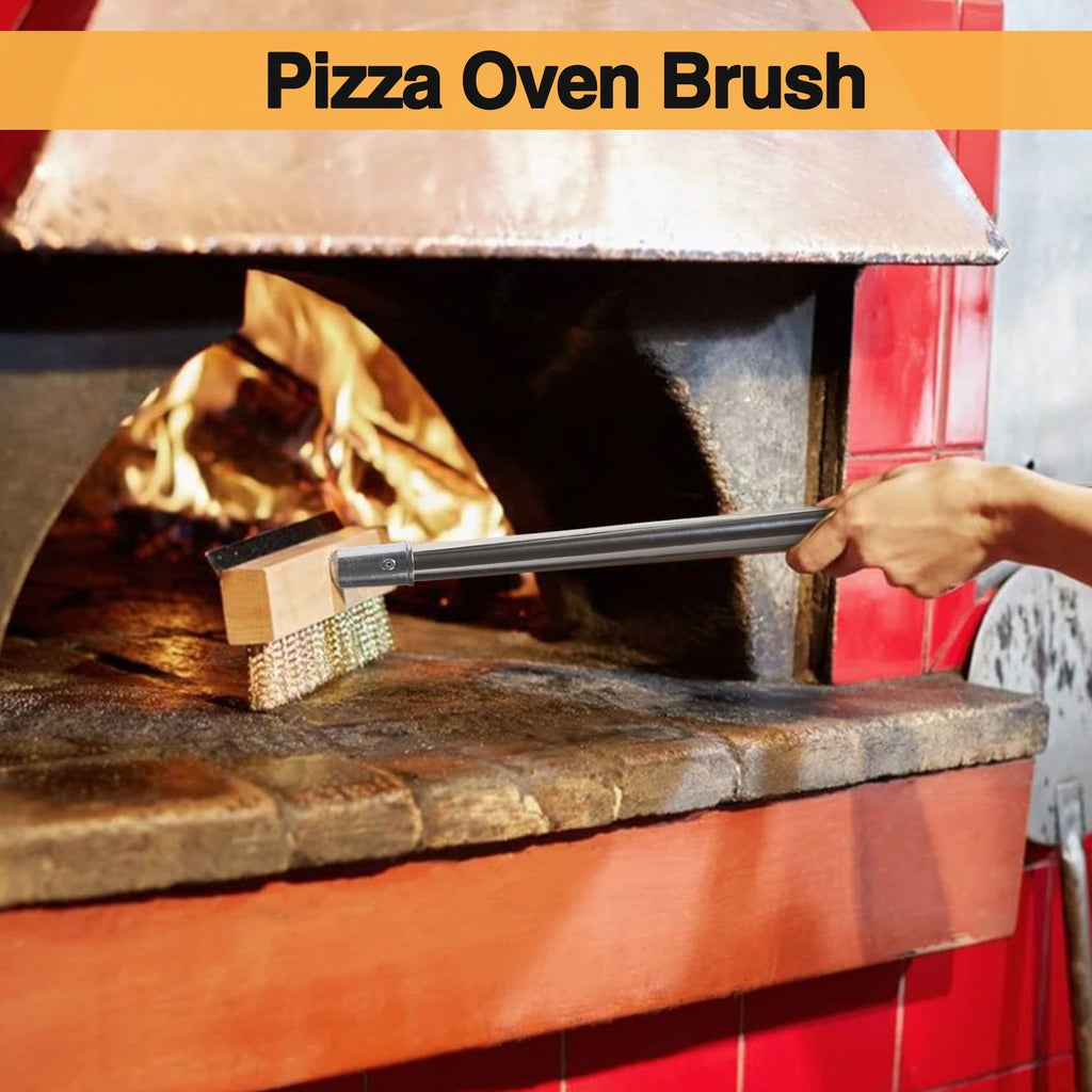 1.6m Top Quality Pizza Oven Brush &Steel Handle Brass Bristles & Steel Scraper
