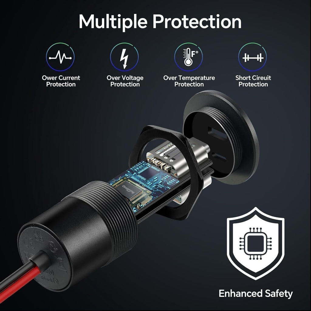 Aluminum 12V Car USB Socket Dual QC3.0 USB-A PD3.0 USB-C Campervan Power Outlet
