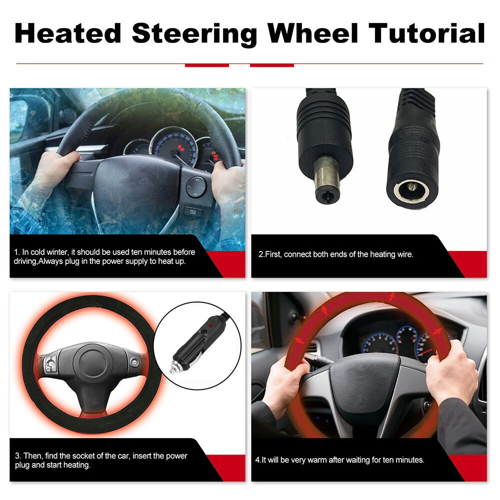 12V Universal Heated Car Steering Wheel Cover Protector Winter Hand Warmer 38 CM