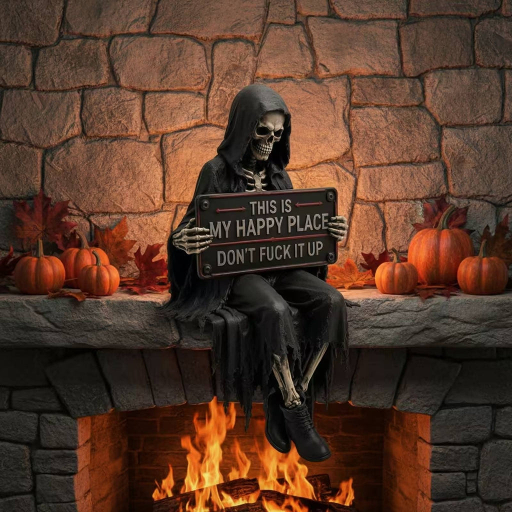 Skeleton Statue with Sign Tabletop Grim Reaper Statue Dark for Bookshelf, Goths