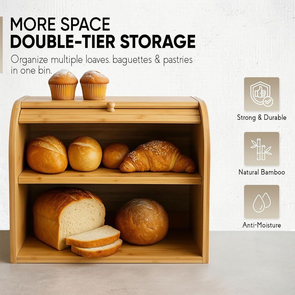 2 Tier Bamboo Bread Bin Double Layer Kitchen Storage Container Loaf Bread Box UK