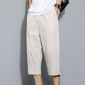 Mens Linen Shorts Casual Summer Cotton Elasticated Waist 3/4 Long Length Pants