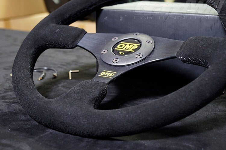 350mm 14' OMP Genuine Suede Leather Black Stitching Flat Sport Steering Wheel