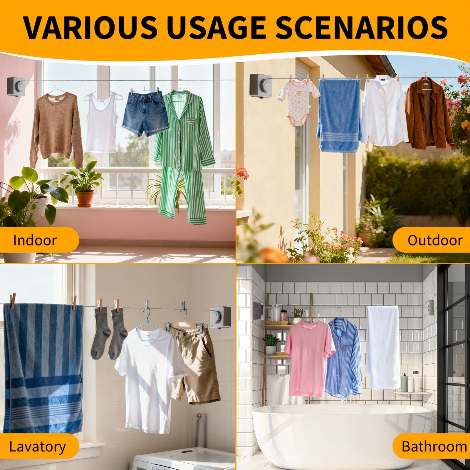 Heavy Duty Extendable Retractable Washing Line Non-Sagging Clothes Line Indoor
