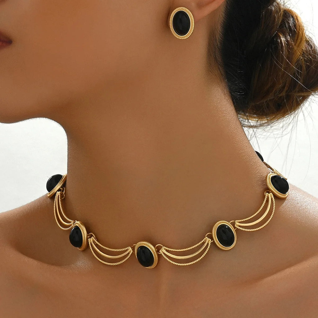 Vintage Inlaid Gemstone Earrings Necklace Sets Zinc Alloy Palace Style Fashion