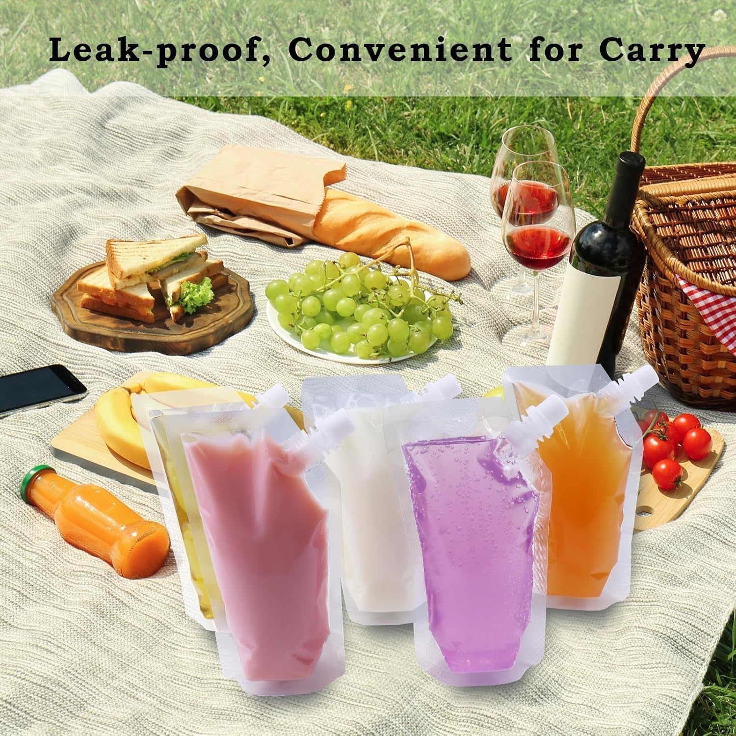 100pcs Clear Plastic Spouted Liquid Drink Bag Pouch Reusable for Picnic 500ML